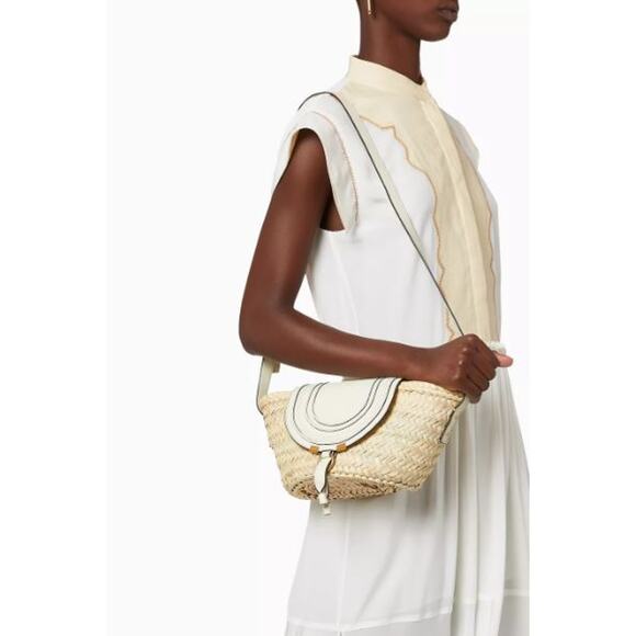 Chloe Marcie Leather Raffia & Grained Calfskin Basket Bag White Small - Picture 1 of 8